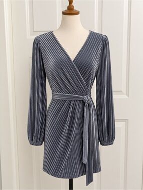 Simple Gray Velvet Pleated Wrap Mini Dress